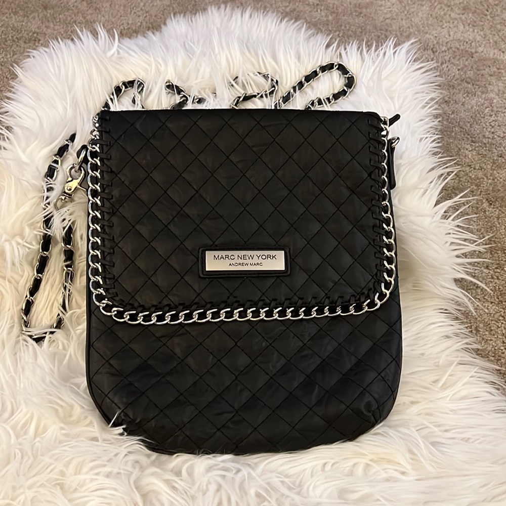 Marc New York by Andrew Marc Black Crossbody Quilted Faux Leather w/Chain Trim